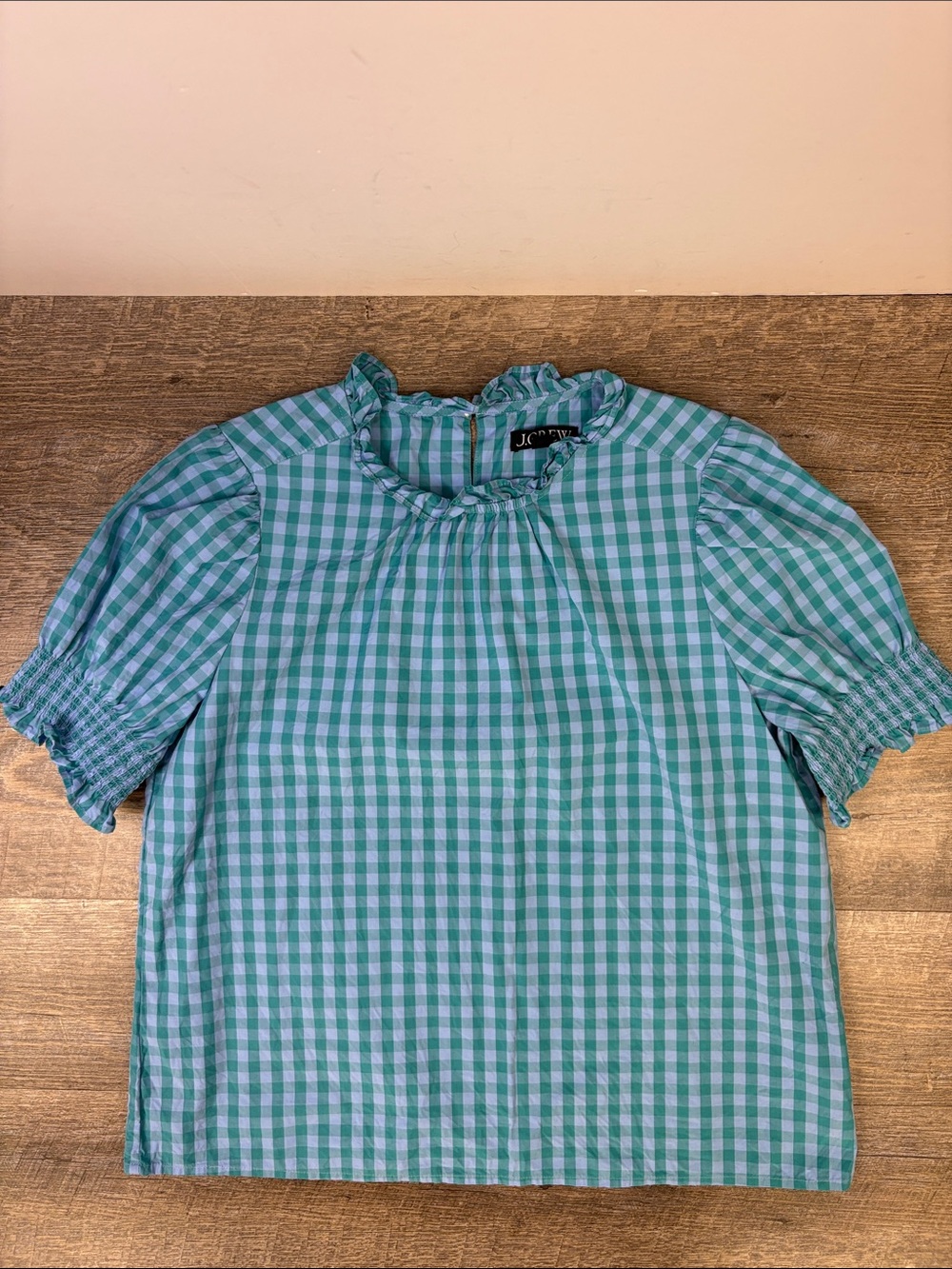 J.Crew Gingham Puff Sleeve Ruffle Neck Top Size Medium Blue & Green Check